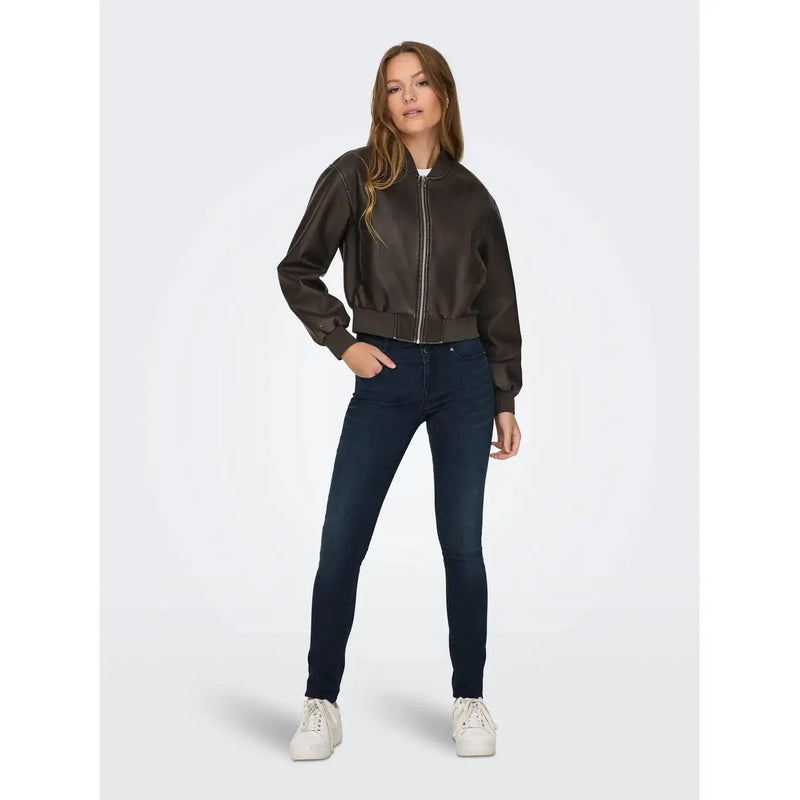 Only women brown polyester blazer with long zip pockets and a dark brown leather bomber jacket with front zipper and ribbed cuffs