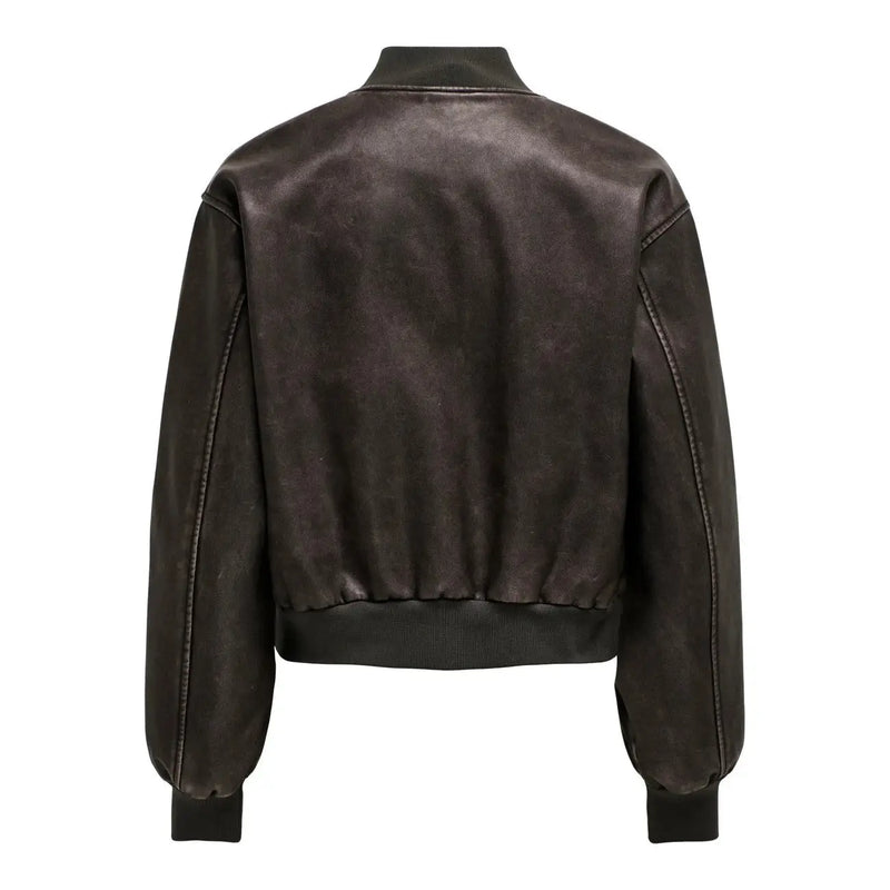 Dark brown leather bomber jacket with ribbed cuffs and waistband featured with long zip pockets in polyester blazer style