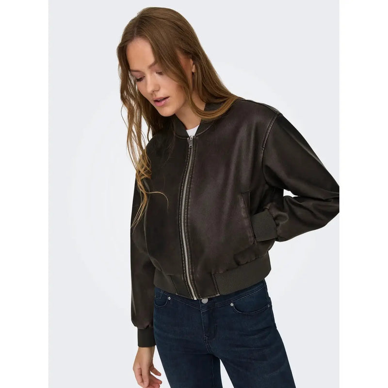 Only Women brown polyester blazer with long zip pockets and sleek dark brown faux leather bomber jacket style