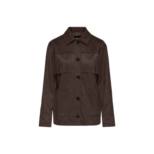 Only Veste blazer femme en daim marron à franges, ornée de franges sur la poitrine et de boutons noirs