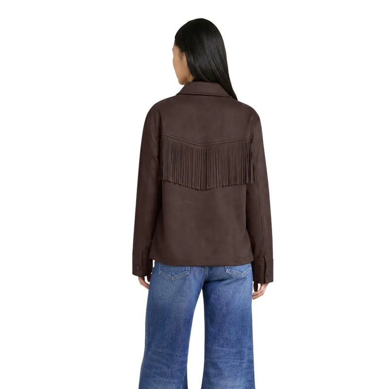 Back view of only women brown suede blazer jacket featuring fringe detailing across the back