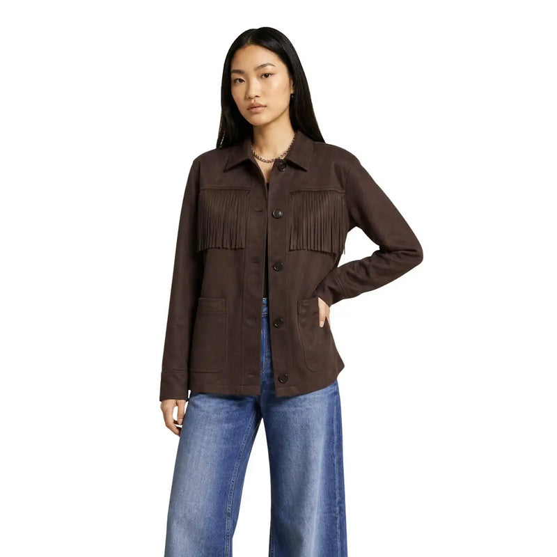 Only women brown suede blazer jacket featuring fringe detailing on the chest pockets in a stylish design
