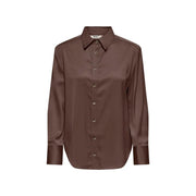 Only women brown viscose long classic shirt featuring a sleek satin finish with a round neck and metallic buttons