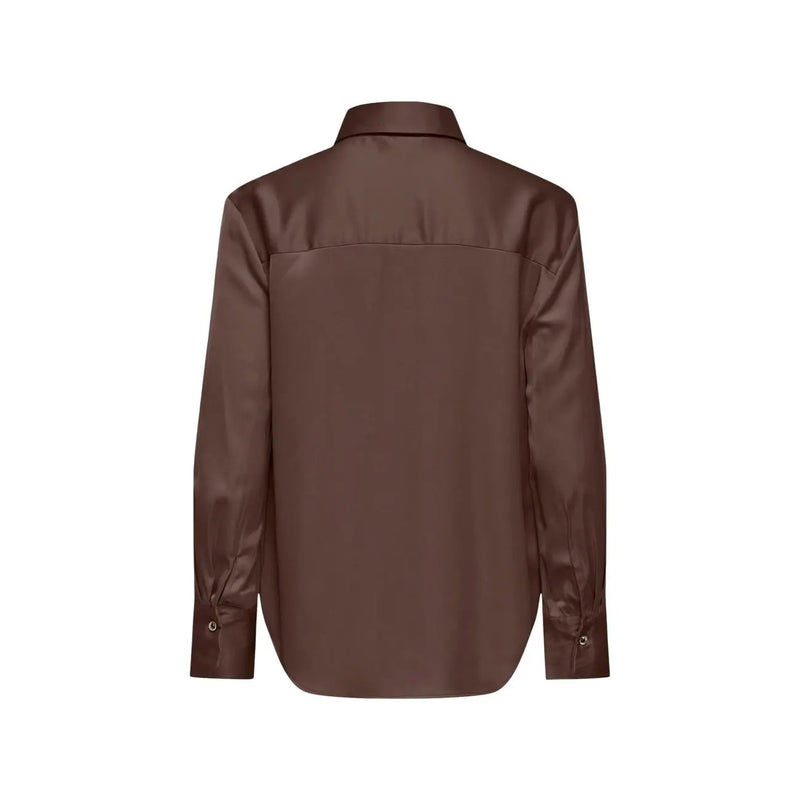 A sleek chocolate brown satin button-up long sleeve shirt with classic collar from Only Women viscose collection