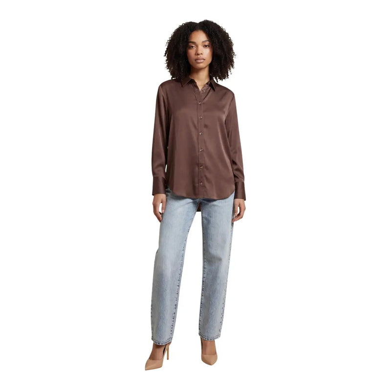 Only Women brown viscose long classic shirt with sleek satin button-up design and classic collar