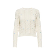 couleur crème only Pull en maille de coton mélangé pour femme, à motif torsadé et petites fleurs brodées