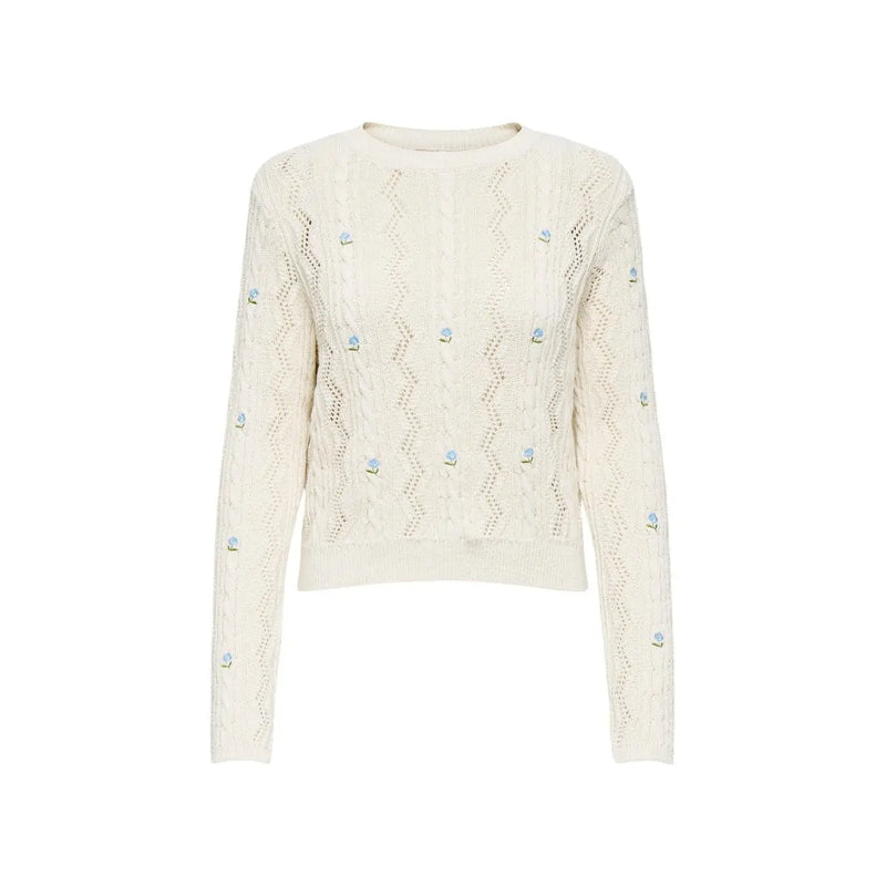 couleur crème only Pull en maille de coton mélangé pour femme, à motif torsadé et petites fleurs brodées