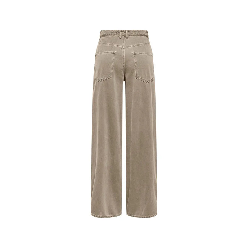 Jean beige en coton denim à jambes larges pour femme, coupe décontractée et poches arrière classiques (vue de dos).