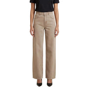 Jean beige en coton, taille haute, jambes larges, coupe classique cinq poches et fermeture boutonnée, style printemps-été