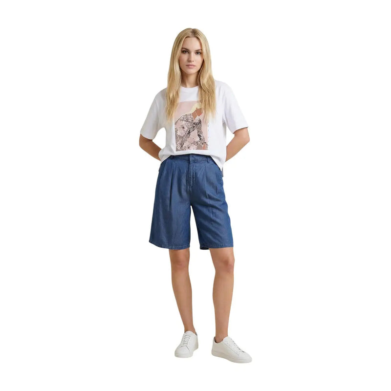 Blue denim shorts with pleated front and straight hemline paired with only women beige cotton round neck t shirt
