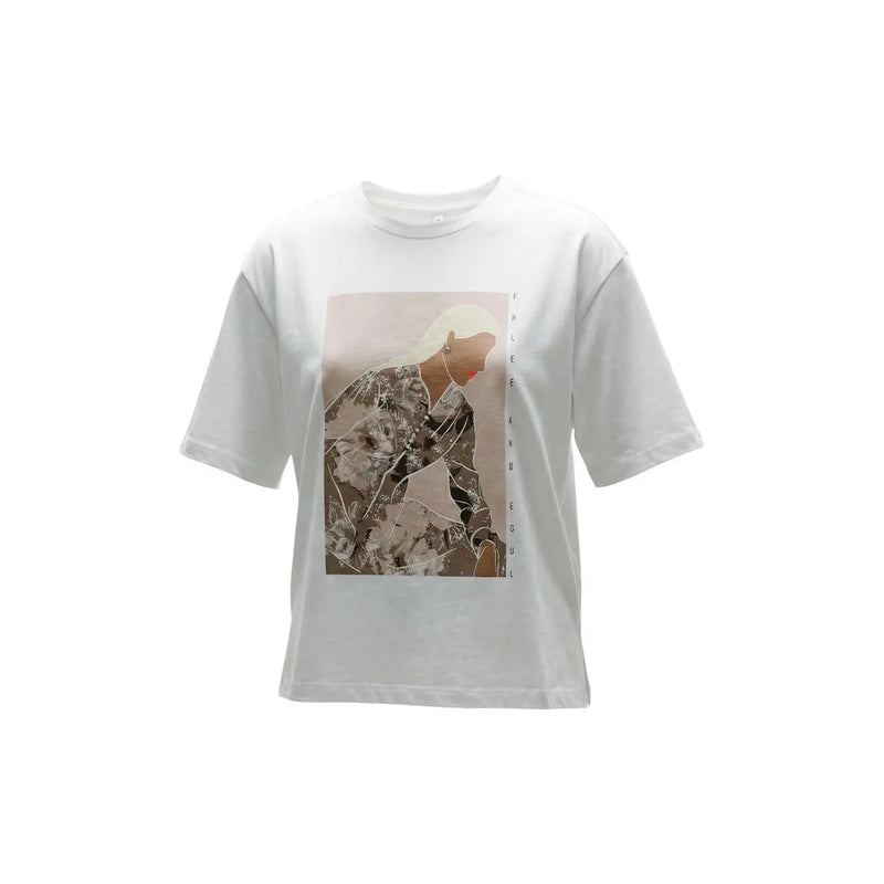 White cotton round neck t-shirt featuring a beige rectangular graphic print of an illustrated figure and floral patterns