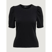 Black only women cotton short sleeve t shirt with puffed sleeves and round neckline featuring brand label