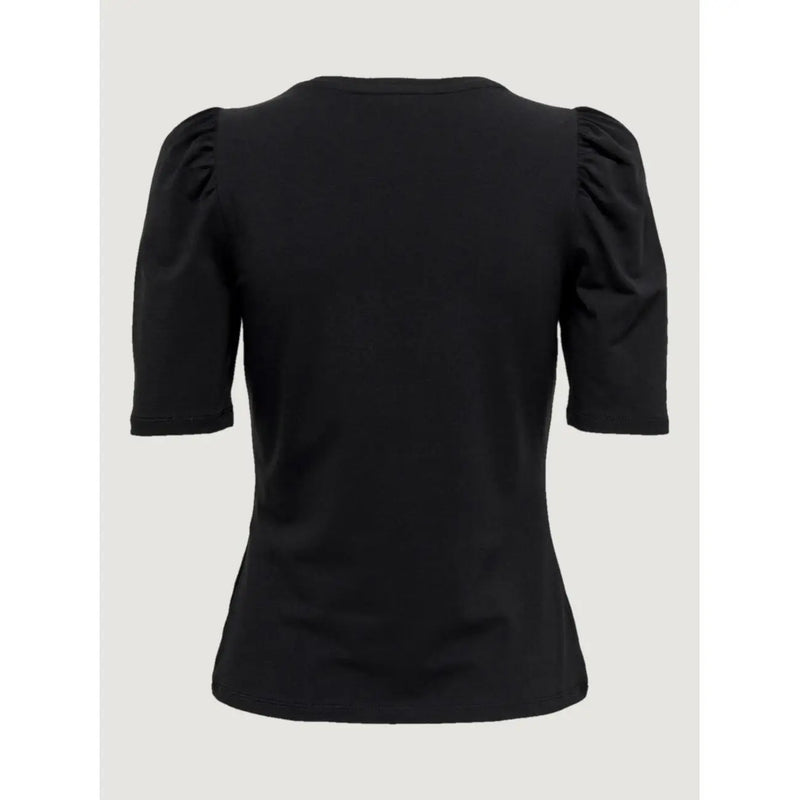 Only women black cotton short sleeve t shirt with puffed sleeves and round neck for casual wear
