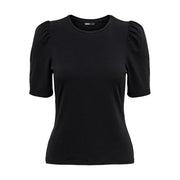 Black cotton short sleeve t shirt with puffed sleeves and round neck by Only Women featuring brand label