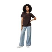 Brown cotton short sleeve round neck t shirt for women with a small red embroidered logo on the chest