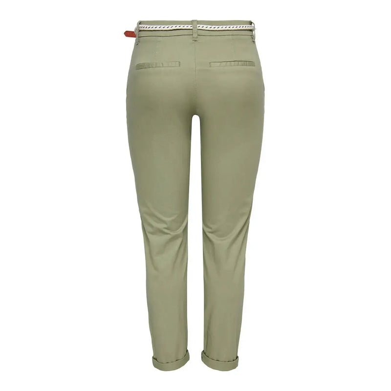 Only Pantalon slim en coton vert olive pour femme, avec fermeture éclair et bouton, ceinture blanche tissée et ourlets roulés.