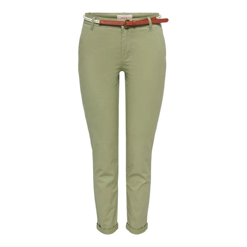 Pantalon chino slim en coton vert olive pour femme, ourlets retroussés et ceinture en cuir marron only femmes 15218519