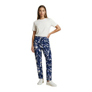 Only Pantalon femme en viscose bleue à fleurs avec motif de feuilles tropicales bleues et blanches et poches avant