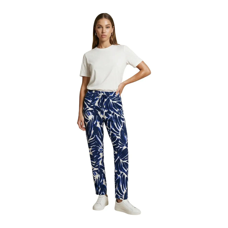 Only Pantalon femme en viscose bleue à fleurs avec motif de feuilles tropicales bleues et blanches et poches avant