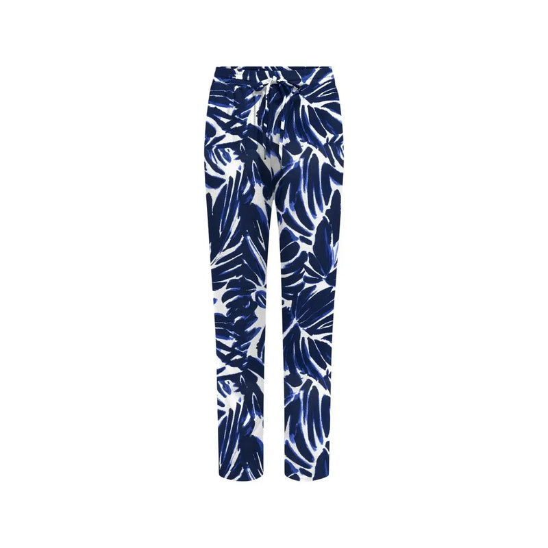Pantalon à cordon en viscose à motif de feuilles tropicales bleues et blanches avec poches avant par only femmes