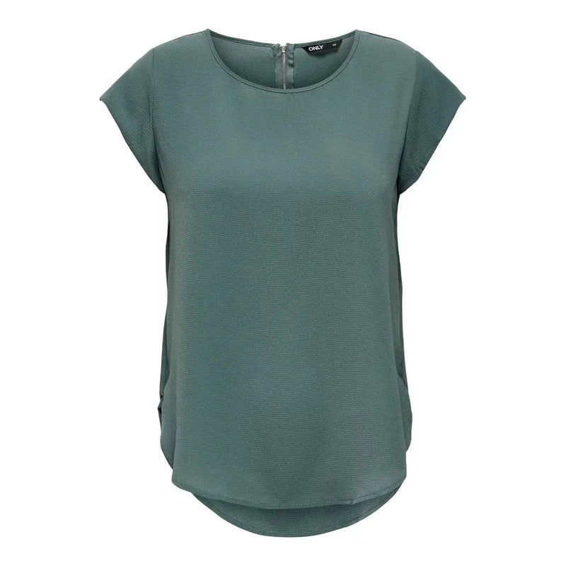 Only women green blouse short sleeve made of polyester featuring soft sage green fabric with subtle texture and rounded neckline