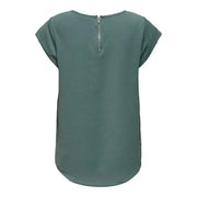 Only Women green polyester short sleeve blouse in soft sage with textured fabric and back silver zipper visible