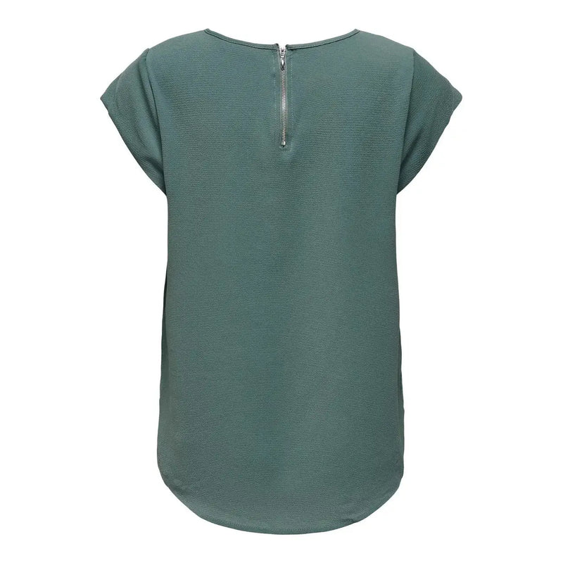 Only Women green polyester short sleeve blouse in soft sage with textured fabric and back silver zipper visible