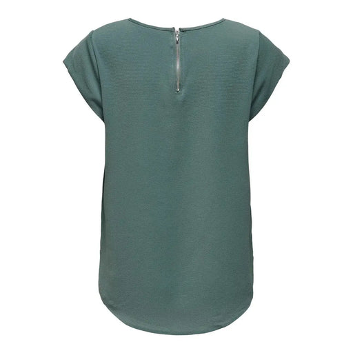 Only Chemisier à manches courtes en polyester vert sauge pour femme, avec un tissu texturé et une fermeture éclair argentée apparente au dos.