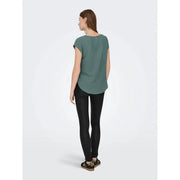 Back view of only women green polyester blouse with short sleeves featuring a subtle zipper detail