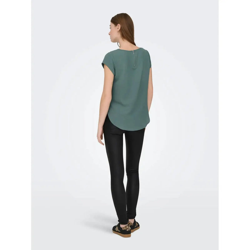 Back view of only women green polyester blouse with short sleeves featuring a subtle zipper detail