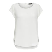 White short-sleeved polyester top with round neckline side slits and back zipper closure showing the back side