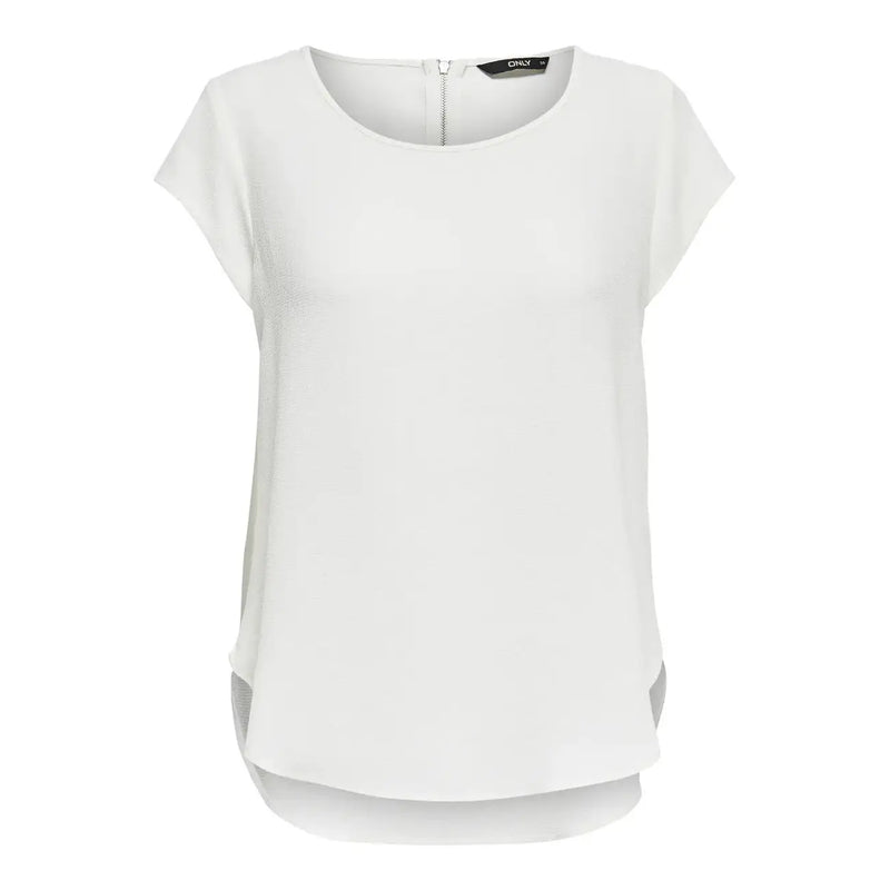 White short-sleeved polyester top with round neckline side slits and back zipper closure showing the back side