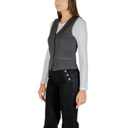Only Gilet sans manches pour femme, gris anthracite, en polyester mélangé, col en V, cinq boutons et poche avant texturée.