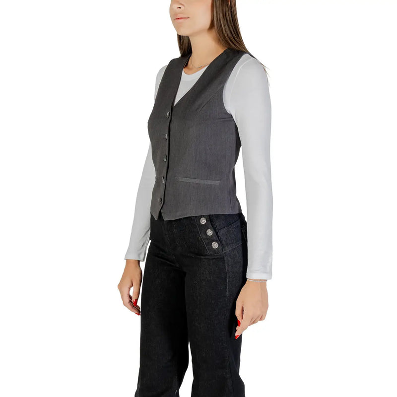 Only Gilet sans manches pour femme, gris anthracite, en polyester mélangé, col en V, cinq boutons et poche avant texturée.