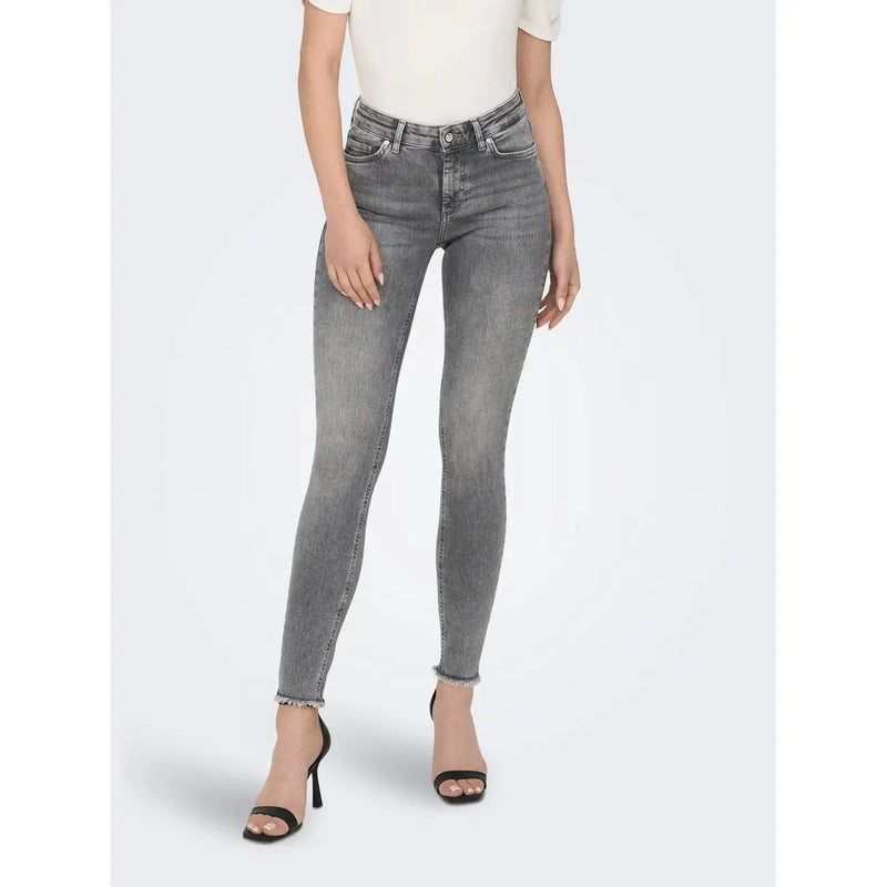 Only Jean slim taille haute en coton stretch gris délavé pour femme, ourlets effilochés