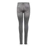 Only Jean gris en coton stretch pour femme, vu de dos, coupe slim, couleur délavée, ourlet effiloché et poches classiques.