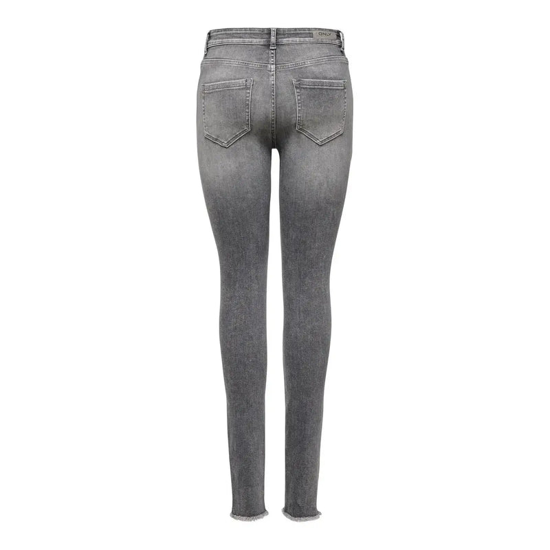 Only Jean gris en coton stretch pour femme, vu de dos, coupe slim, couleur délavée, ourlet effiloché et poches classiques.