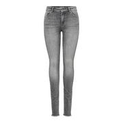 Only Jean slim taille haute en coton stretch gris pour femme, avec ourlets effilochés et coutures denim classiques.