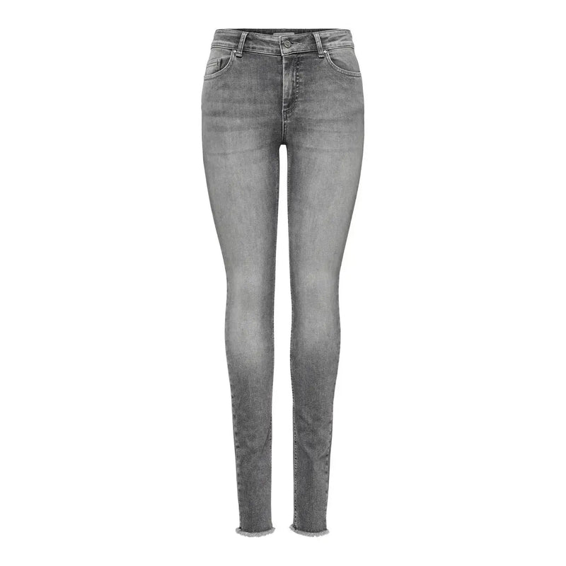 Only Jean slim taille haute en coton stretch gris pour femme, avec ourlets effilochés et coutures denim classiques.