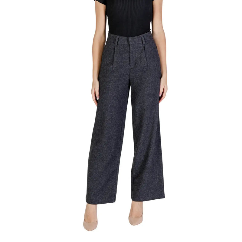Only Pantalon large en laine mélangée grise pour femme, taille haute, motif texturé discret, coupe slim, idéal pour l'automne-hiver.