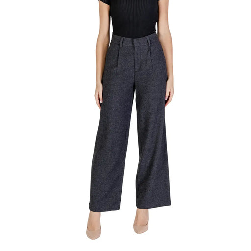 Only Pantalon large en laine mélangée grise pour femme, taille haute, motif texturé discret, coupe slim, idéal pour l'automne-hiver.