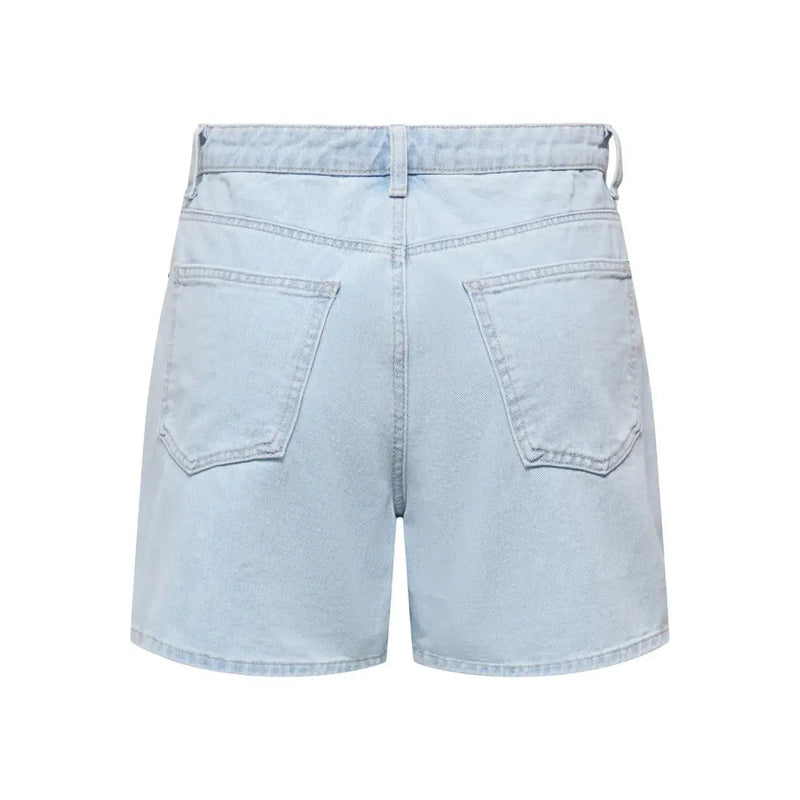 Back view of only women light blue cotton blend denim shorts with high-rise waist and classic back pockets