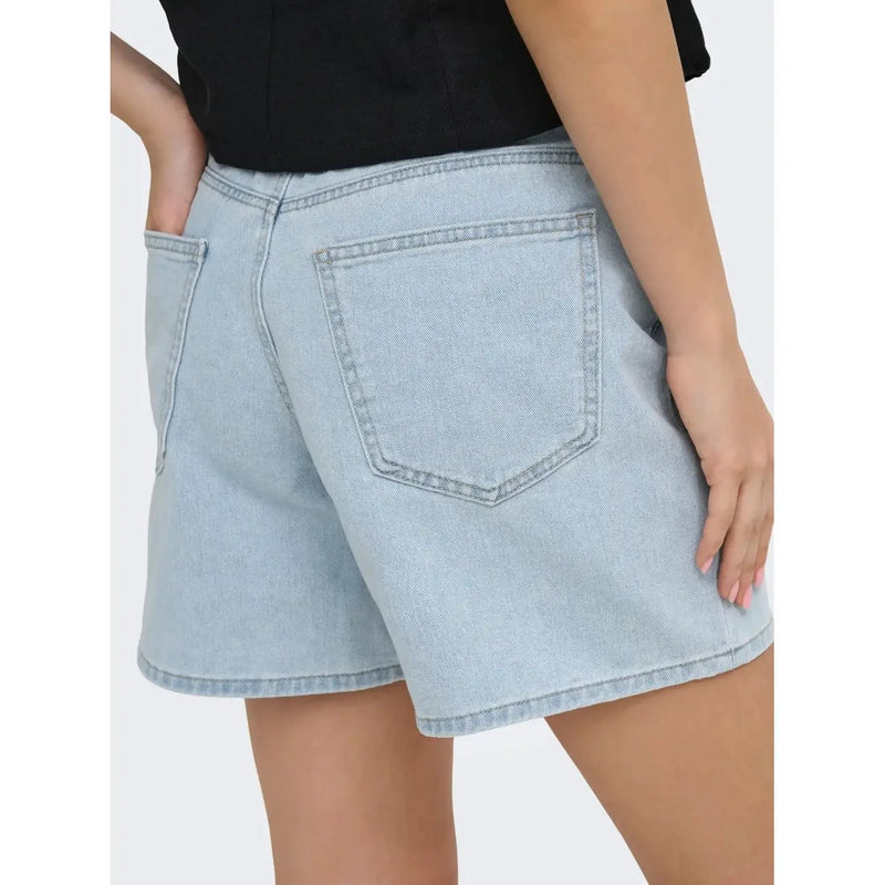 Back view of only women light blue cotton blend denim shorts with classic back pockets and straight hem