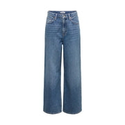 Only Jean large bleu clair pour femme, en mélange de coton, taille haute et coupe classique à cinq poches.