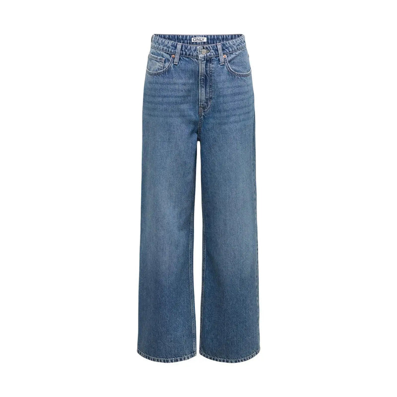 Only Jean large bleu clair pour femme, en mélange de coton, taille haute et coupe classique à cinq poches.