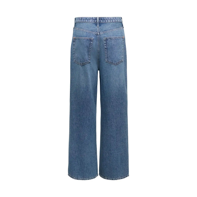 verso de only Jean femme bleu clair en mélange de coton, délavage moyen, pantalon large en denim bleu, taille haute et poches