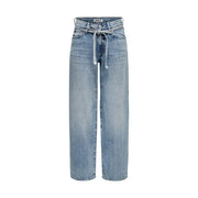 Only Jean en coton bleu clair pour femme, taille haute avec cordon de serrage et coupe droite classique en denim délavé clair