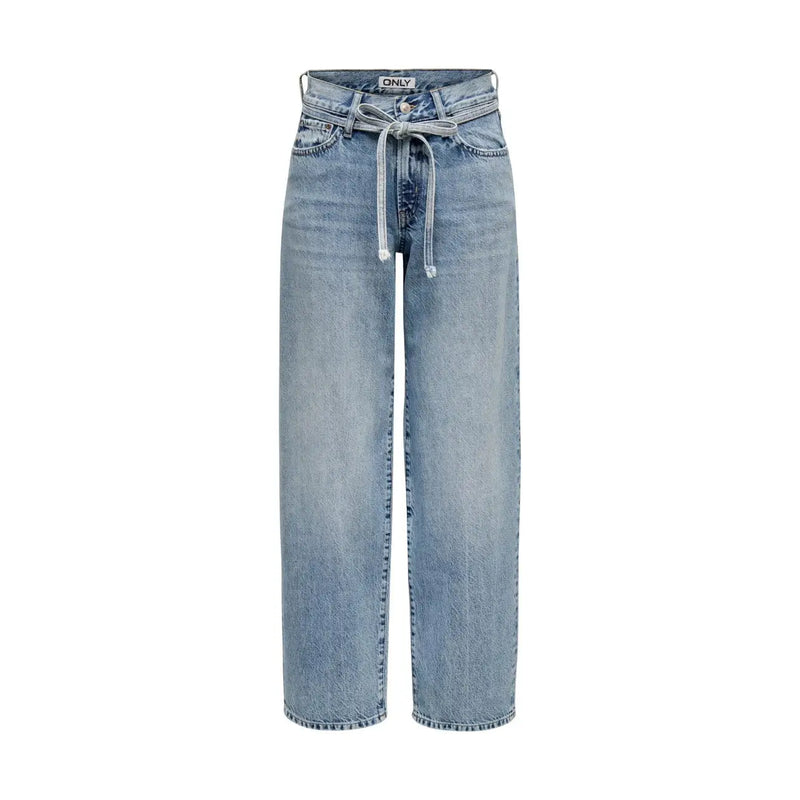 Only Jean en coton bleu clair pour femme, taille haute avec cordon de serrage et coupe droite classique en denim délavé clair