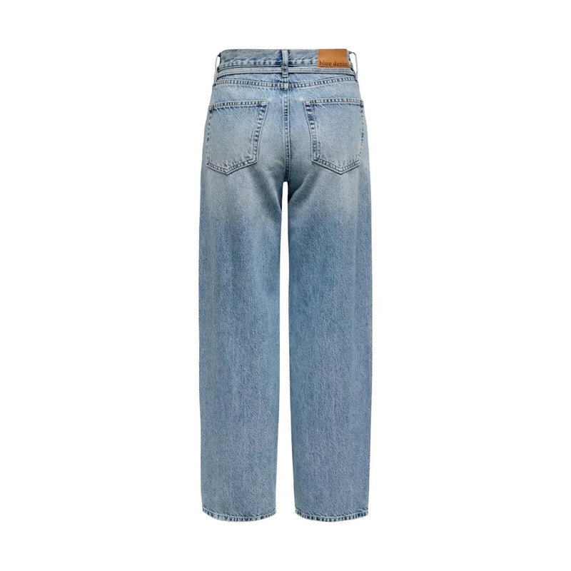 Only Jean en coton bleu clair pour femme, coupe large, étiquette de marque en cuir marron à la taille (vue de dos)