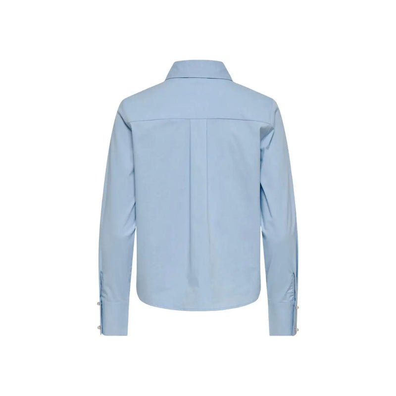 Only women light blue cotton long polo shirt with classic collar and subtle pleats shown from the back side